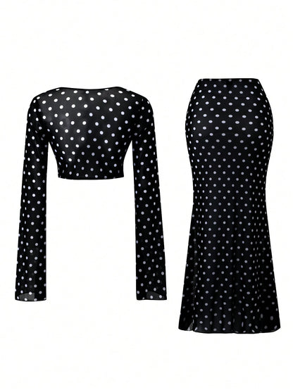Swim Chiccia Women's Polka Dot Mesh Print Cowl Neck Long Sleeve Split Bell Sleeve Top And Bodycon Mini Skirt 2pcs Beach Vacation Cover-Up Set