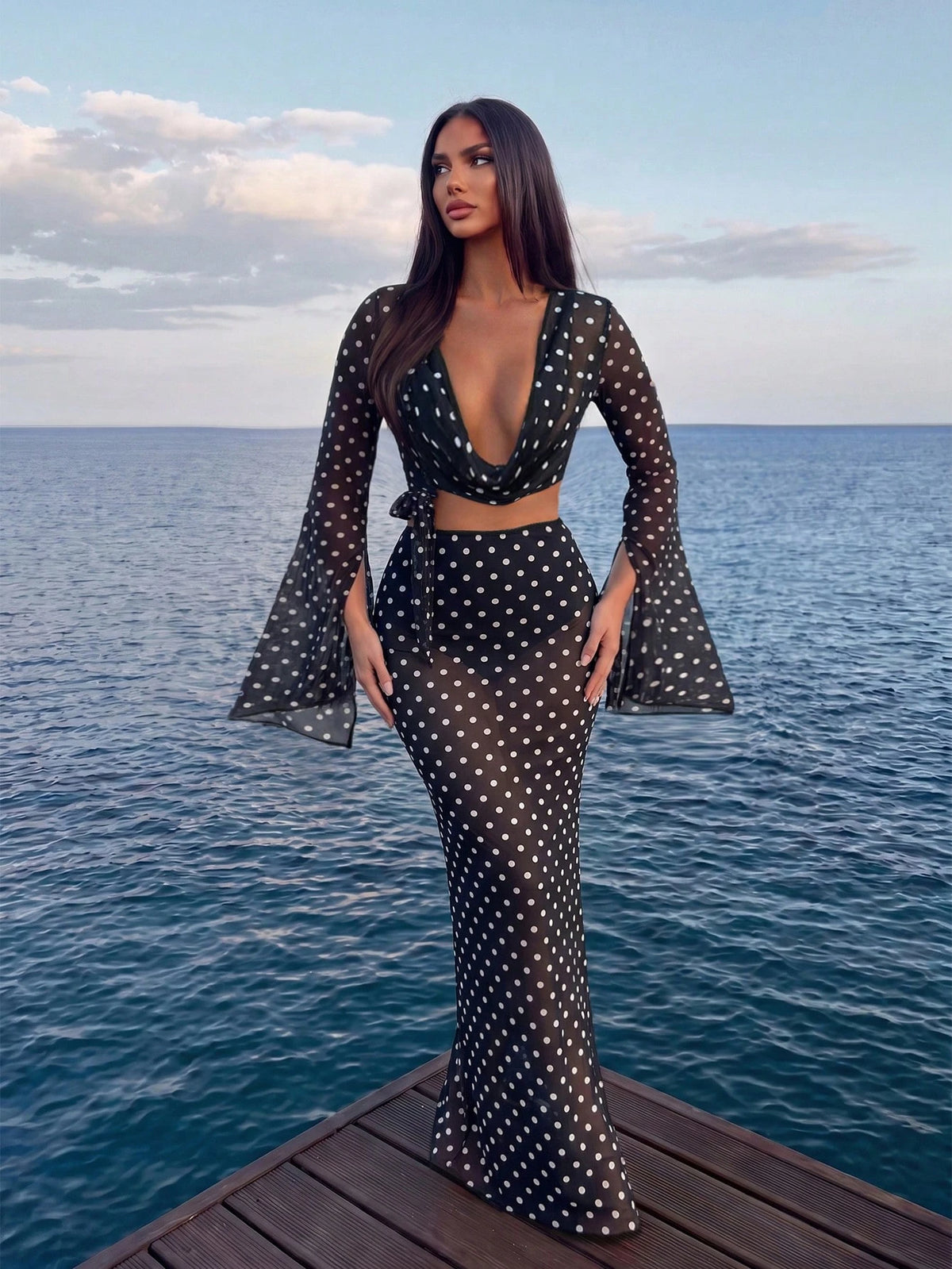 Swim Chiccia Women's Polka Dot Mesh Print Cowl Neck Long Sleeve Split Bell Sleeve Top And Bodycon Mini Skirt 2pcs Beach Vacation Cover-Up Set