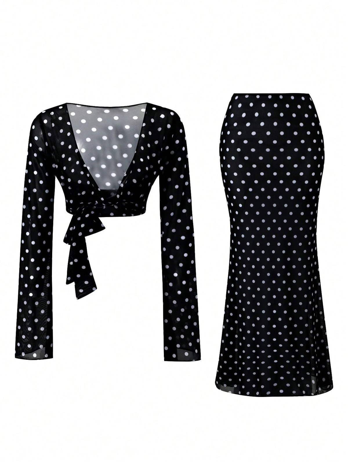 Swim Chiccia Women's Polka Dot Mesh Print Cowl Neck Long Sleeve Split Bell Sleeve Top And Bodycon Mini Skirt 2pcs Beach Vacation Cover-Up Set