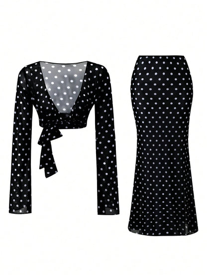 Swim Chiccia Women's Polka Dot Mesh Print Cowl Neck Long Sleeve Split Bell Sleeve Top And Bodycon Mini Skirt 2pcs Beach Vacation Cover-Up Set