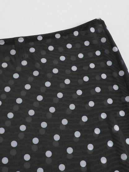 Swim Chiccia Women's Polka Dot Mesh Print Cowl Neck Long Sleeve Split Bell Sleeve Top And Bodycon Mini Skirt 2pcs Beach Vacation Cover-Up Set