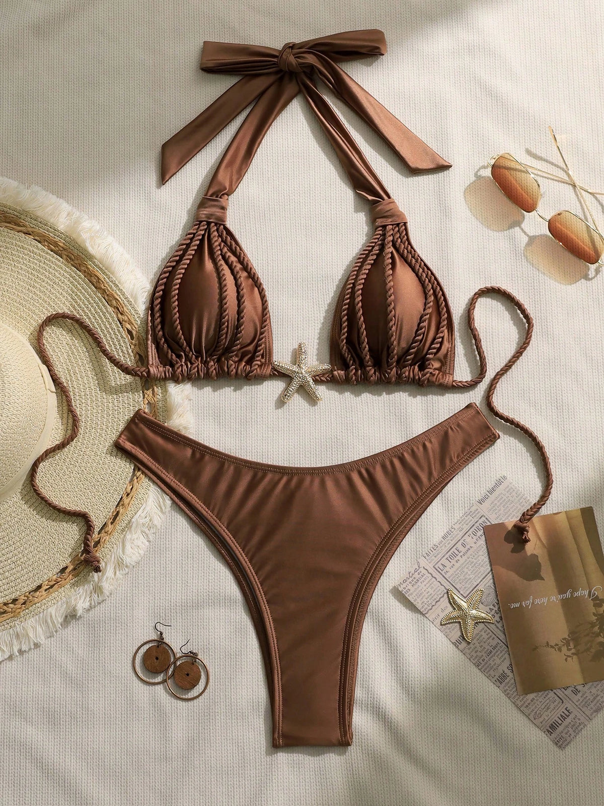 Swim Chiccia Women's Sexy Elegant Vintage Halter Strap Ruched Design Chocolate Brown Beachwear Party Bikini Set,Summer Holiday Outfits,Valentine's Day,Carnival