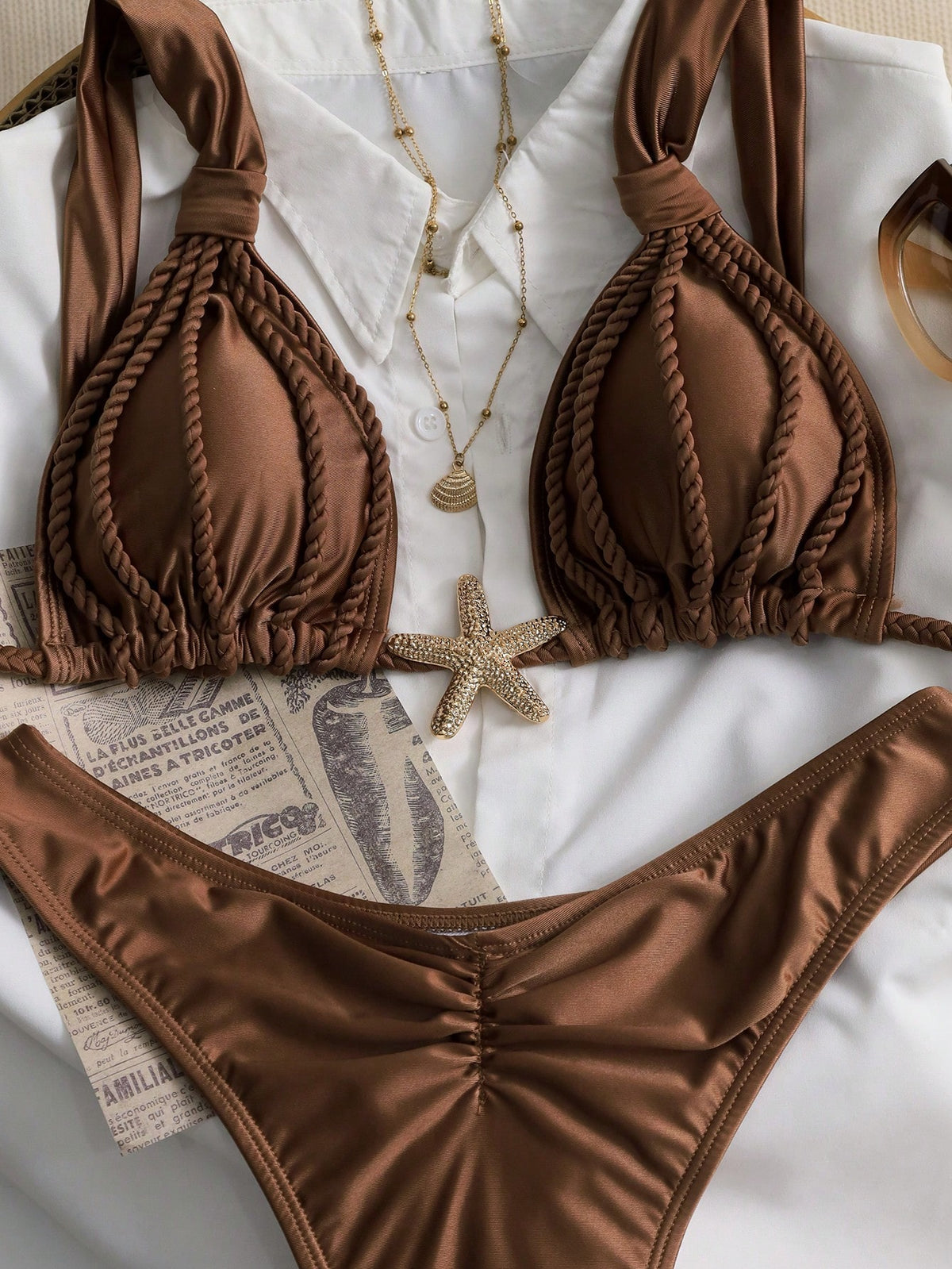 Swim Chiccia Women's Sexy Elegant Vintage Halter Strap Ruched Design Chocolate Brown Beachwear Party Bikini Set,Summer Holiday Outfits,Valentine's Day,Carnival