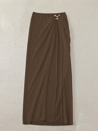 Swim Chiccia Women's Solid Color Side Slit Hem Cover Up & Skirt Set, Suitable For Vacation For Summer