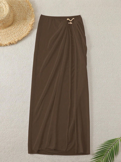 Swim Chiccia Women's Solid Color Side Slit Hem Cover Up & Skirt Set, Suitable For Vacation For Summer