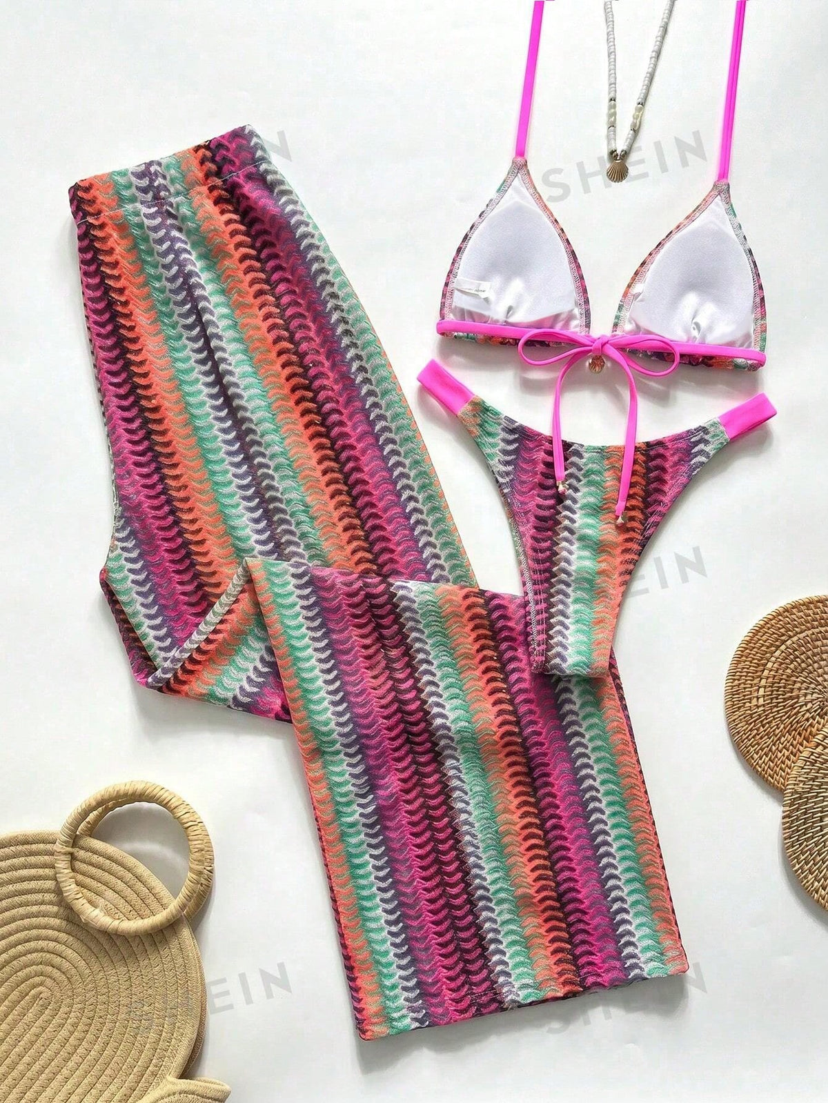 Swim Chicsea 26SS Spring/Summer Vacation Beach BOHO Braided Brown-Red Bikini Swimwear With Pants 3 Pieces Set
