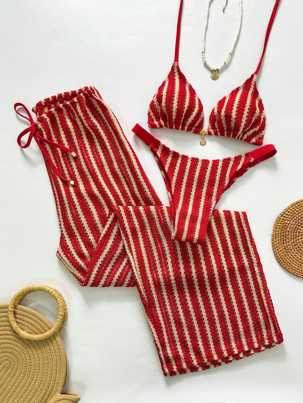 Swim Chicsea 26SS Spring/Summer Vacation Beach BOHO Braided Brown-Red Bikini Swimwear With Pants 3 Pieces Set