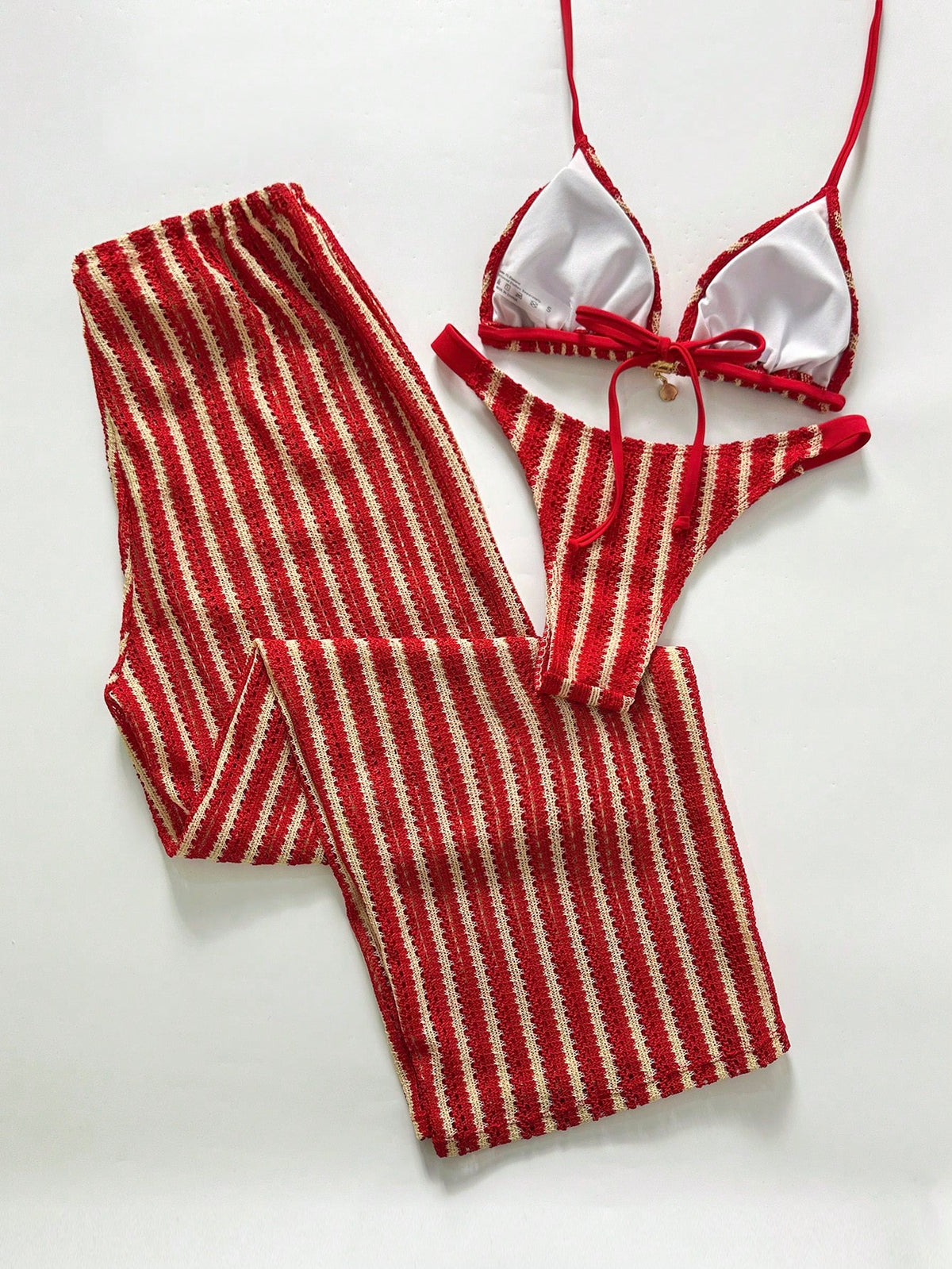 Swim Chicsea 26SS Spring/Summer Vacation Beach BOHO Braided Brown-Red Bikini Swimwear With Pants 3 Pieces Set