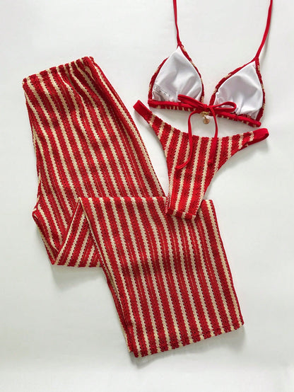 Swim Chicsea 26SS Spring/Summer Vacation Beach BOHO Braided Brown-Red Bikini Swimwear With Pants 3 Pieces Set