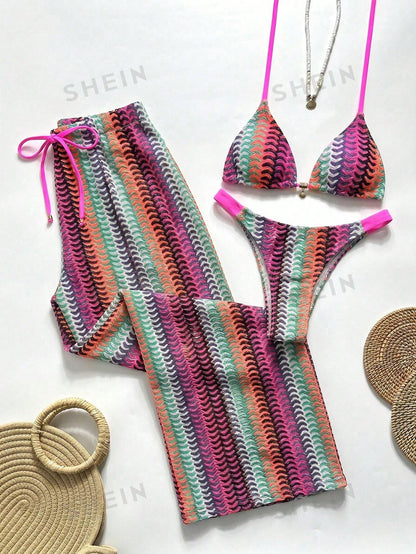 Swim Chicsea 26SS Spring/Summer Vacation Beach BOHO Braided Brown-Red Bikini Swimwear With Pants 3 Pieces Set