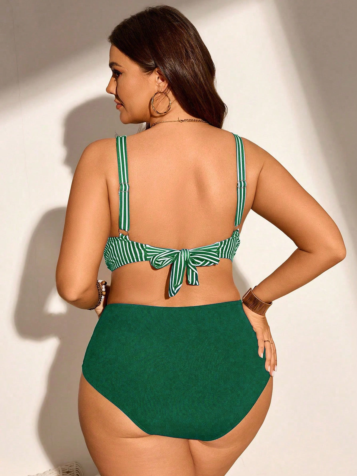 Swim Curve Plus Size Women Striped Print Beach Holiday Push-Up Bikini 2 Pieces Swimwear Set For Summer Beach Vacation