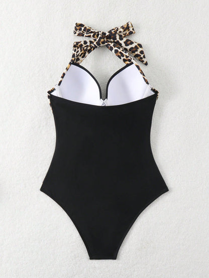 Swim Lushoire 2025 Women's Leopard Print Ruched Halter One-Piece Swimsuit (Hard Cup + Boned) Summer