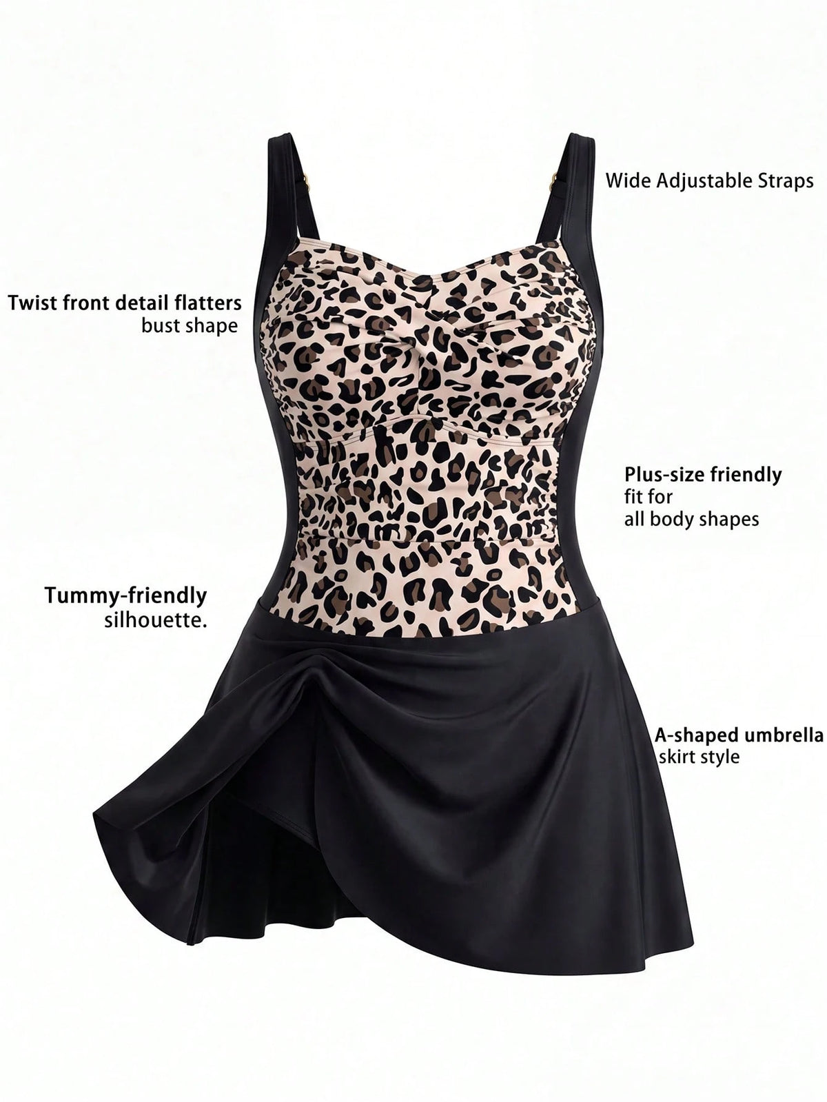 Swim Lushoire 2026 New Women's Plus Size Leopard Print Bandeau Swim Dress With Adjustable Shoulder Straps, Ruched Bust And Abdomen, Triangle Bikini Bottom With Outer Skirt, Elegant Fashionable Beach V
