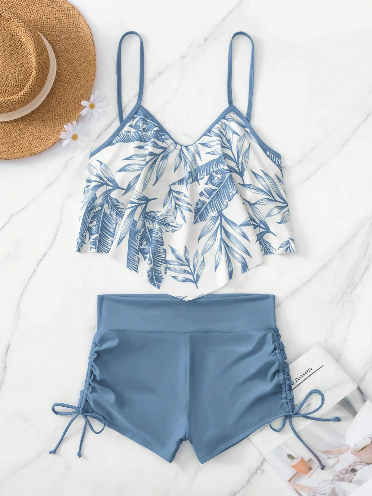 Swim Lushoire 2pcs/Set Printed Bikini Top With Handkerchief Hem, No Lock Edge For Summer Beach Vacation