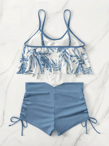 Swim Lushoire 2pcs/Set Printed Bikini Top With Handkerchief Hem, No Lock Edge For Summer Beach Vacation