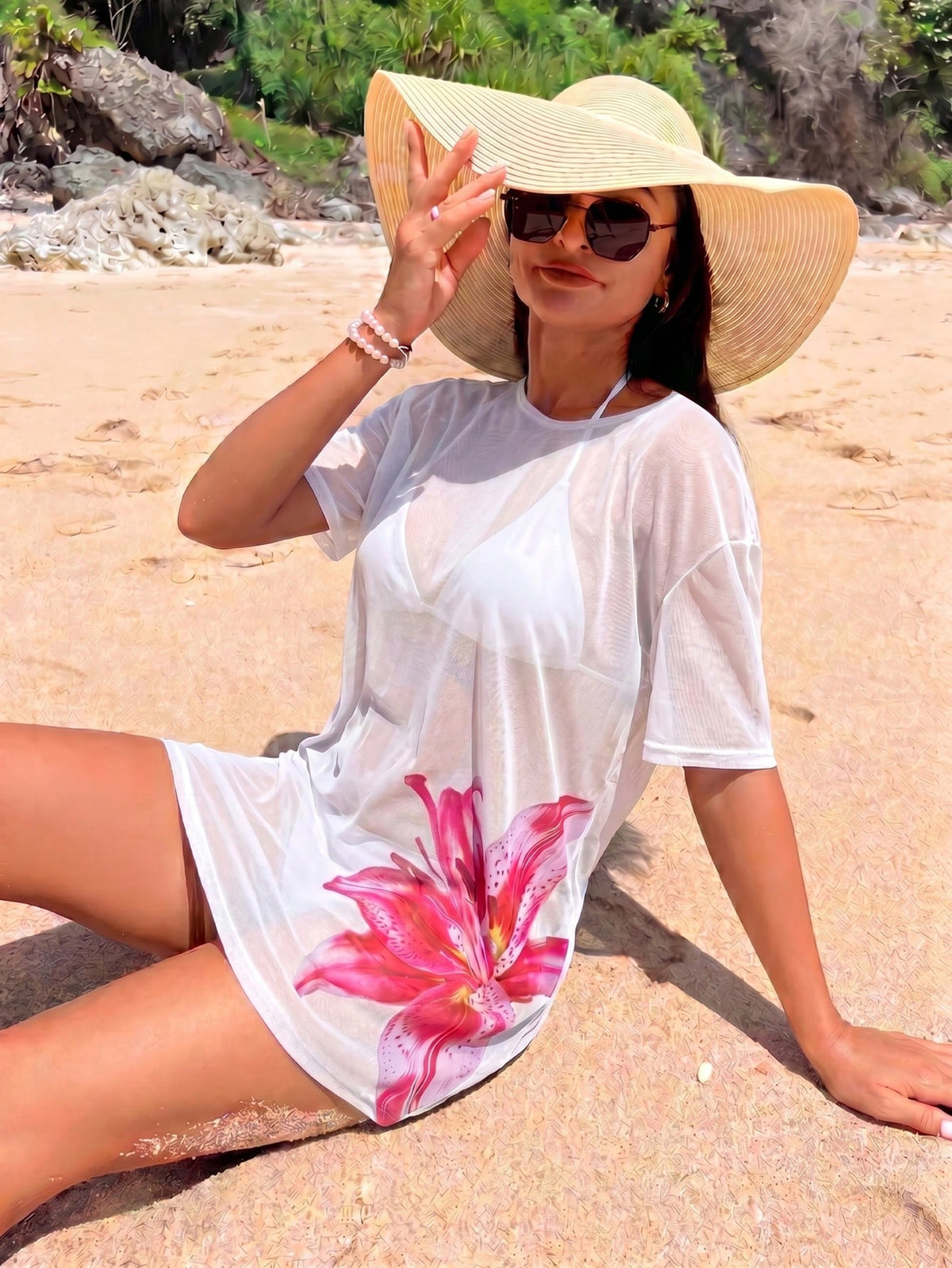 Swim Lushoire New Sexy Sheer Short Sleeve Beach Dress Lily Print Outerwear Swimwear Cover-Up Seaside Vacation Style