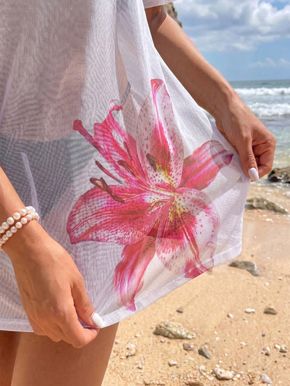 Swim Lushoire New Sexy Sheer Short Sleeve Beach Dress Lily Print Outerwear Swimwear Cover-Up Seaside Vacation Style