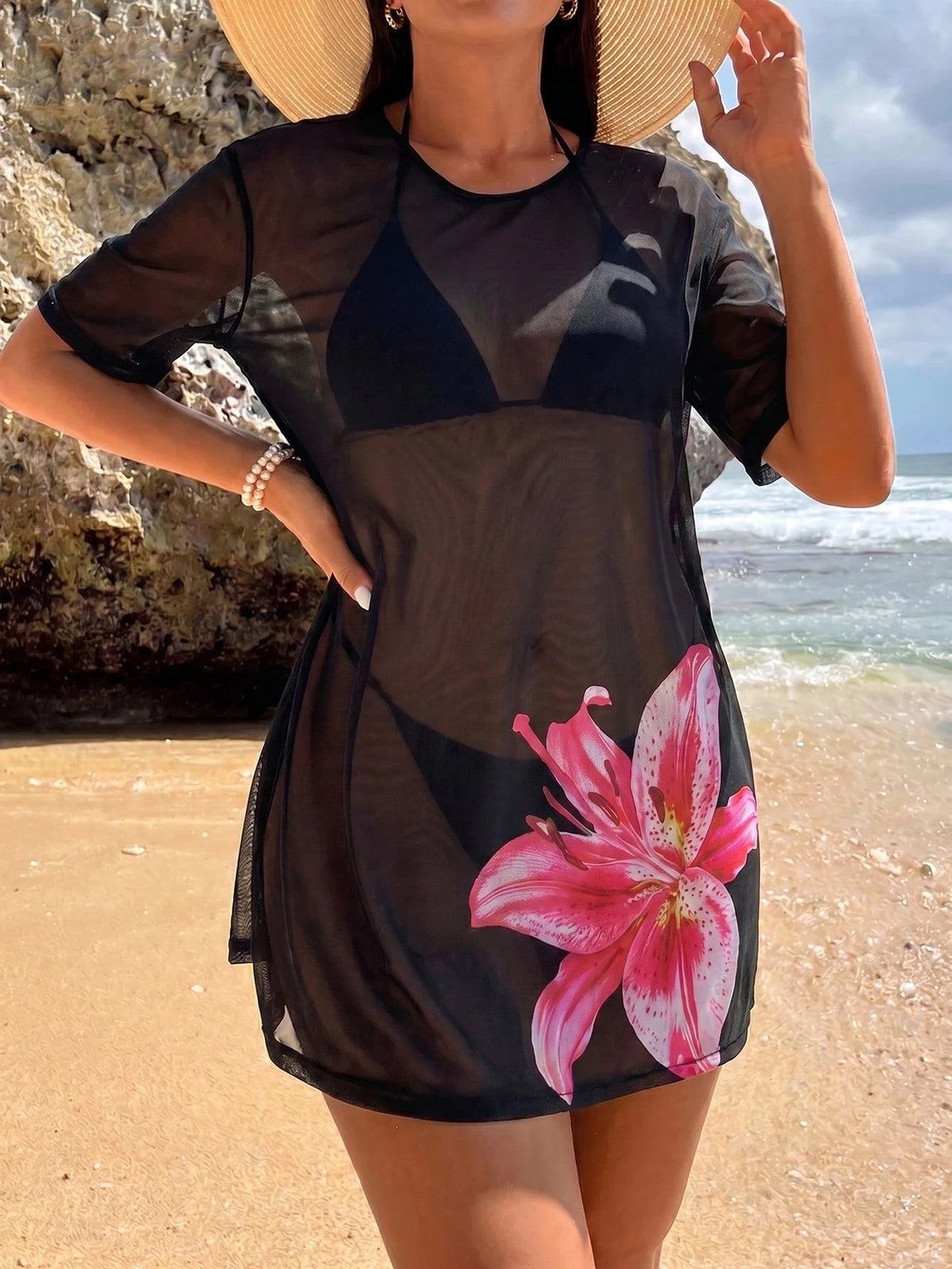 Swim Lushoire New Sexy Sheer Short Sleeve Beach Dress Lily Print Outerwear Swimwear Cover-Up Seaside Vacation Style