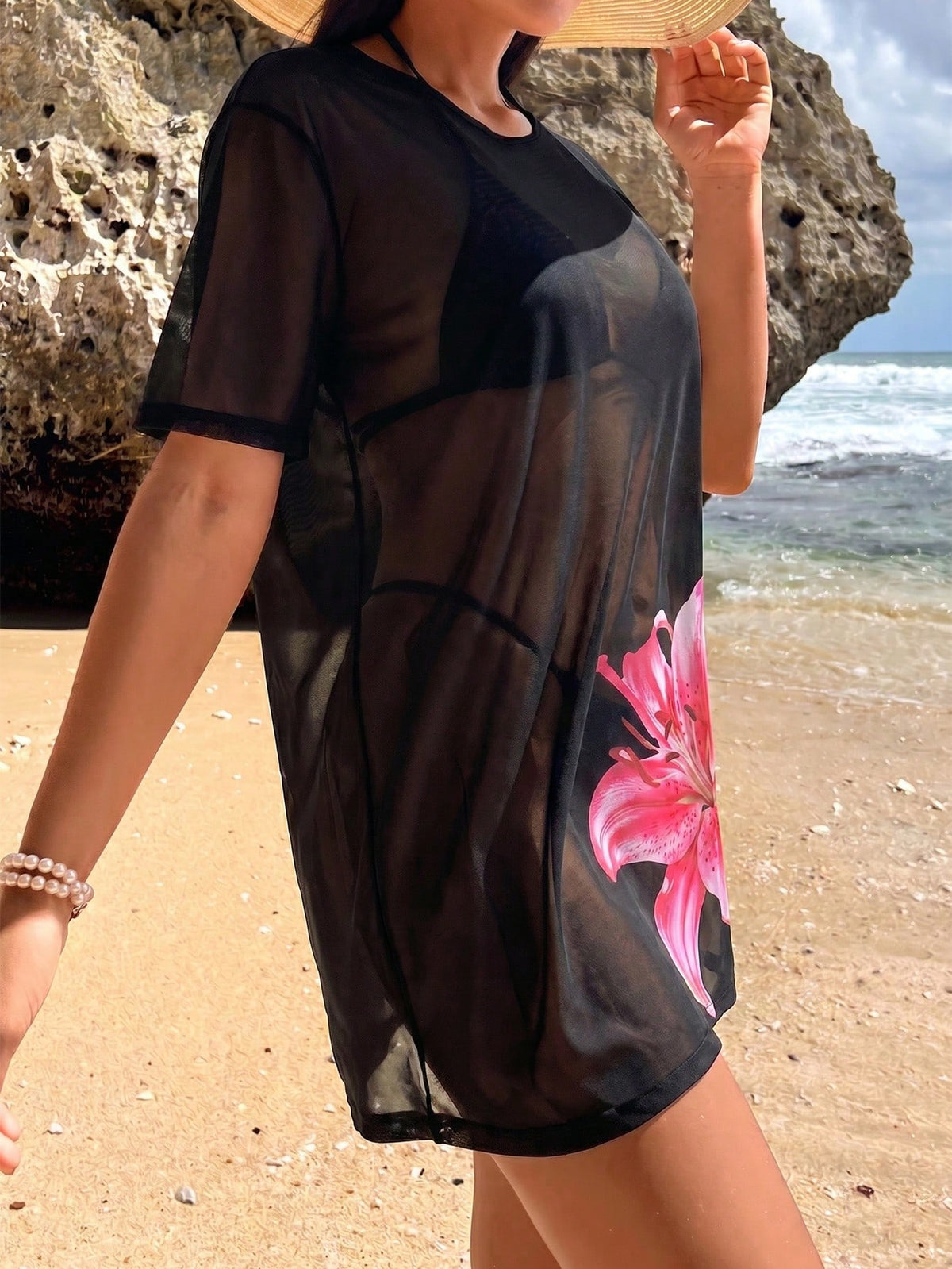 Swim Lushoire New Sexy Sheer Short Sleeve Beach Dress Lily Print Outerwear Swimwear Cover-Up Seaside Vacation Style