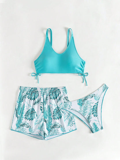 Swim Lushoire Patchwork Tropical Print Round Neck Bikini Set, Summer Beach