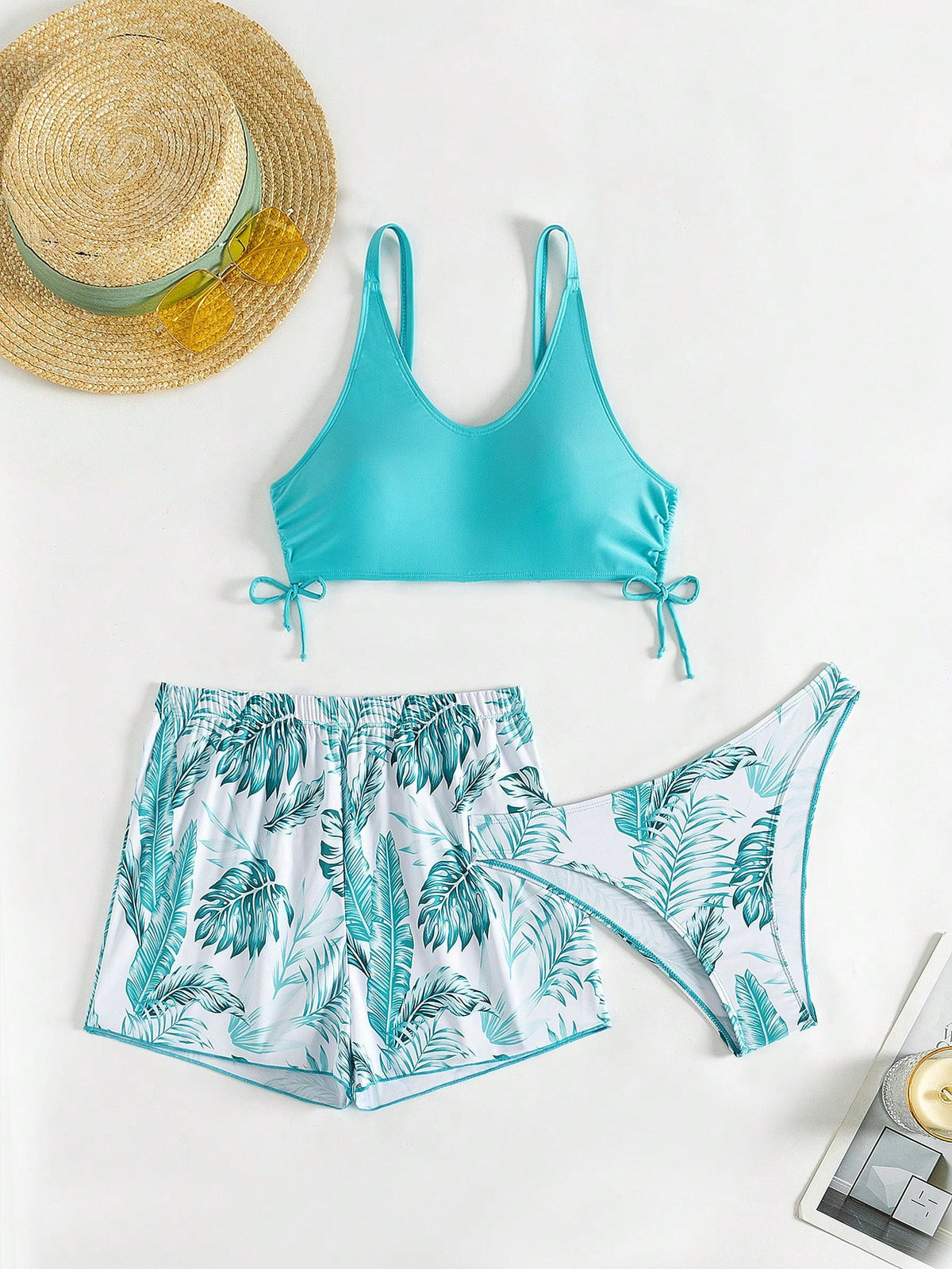 Swim Lushoire Patchwork Tropical Print Round Neck Bikini Set, Summer Beach
