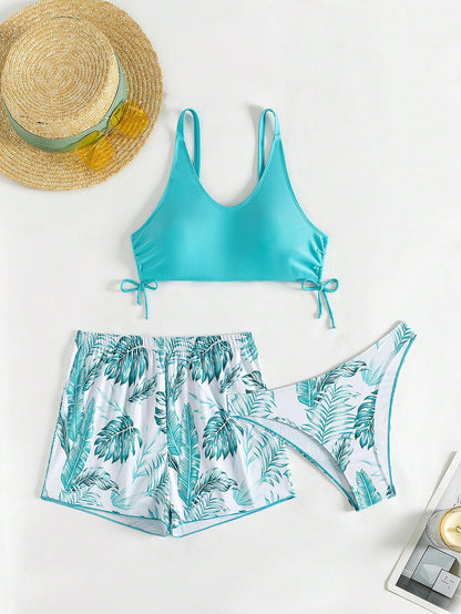 Swim Lushoire Patchwork Tropical Print Round Neck Bikini Set, Summer Beach