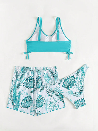 Swim Lushoire Patchwork Tropical Print Round Neck Bikini Set, Summer Beach
