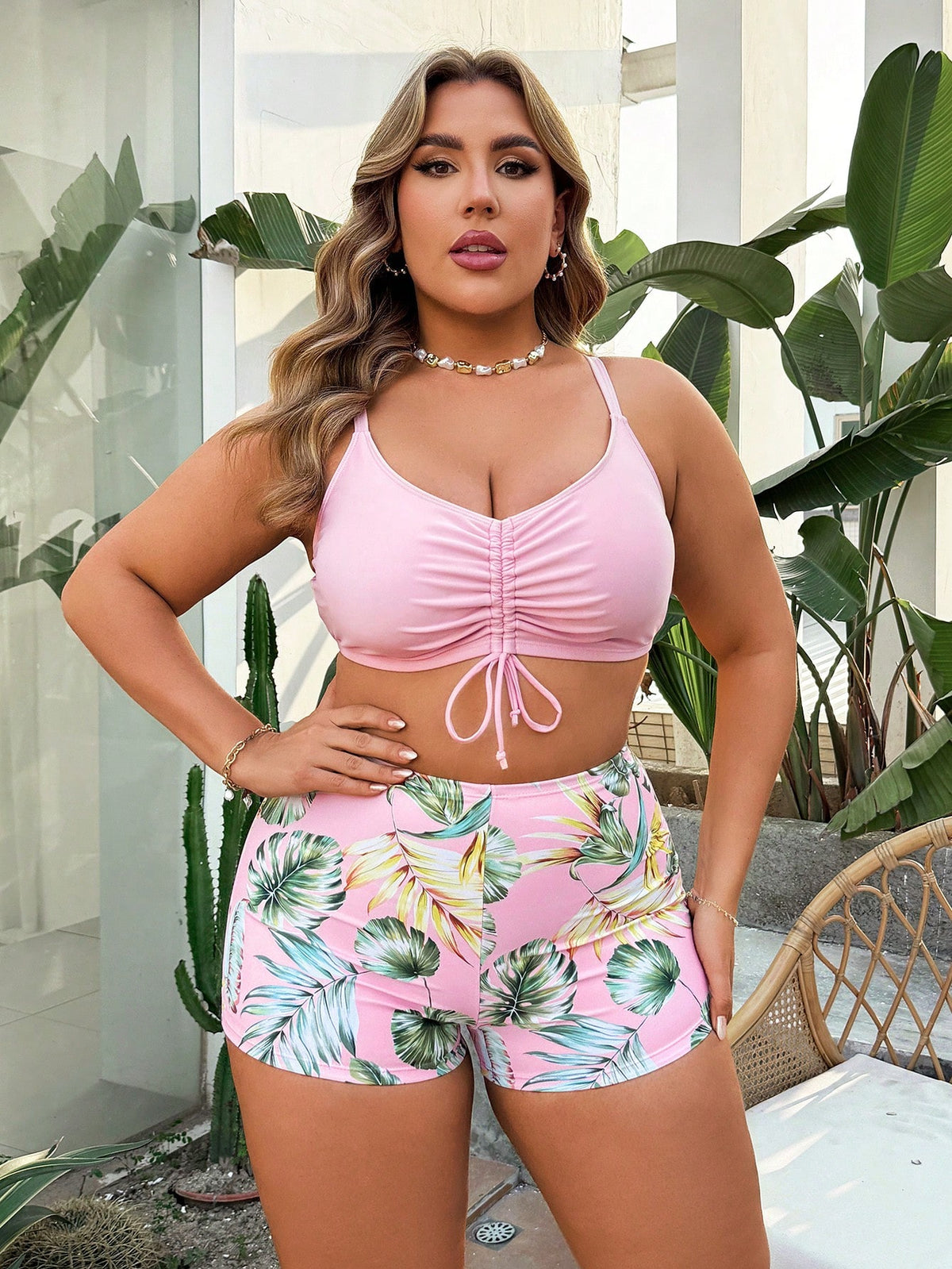 Swim Lushoire Plus Size 3 Pieces Set: Drawstring Digital Print Bikini Set, Matched With Long Sleeve Mid-Length Beach Kimono, Casual Summer Vacation Swimwear Set
