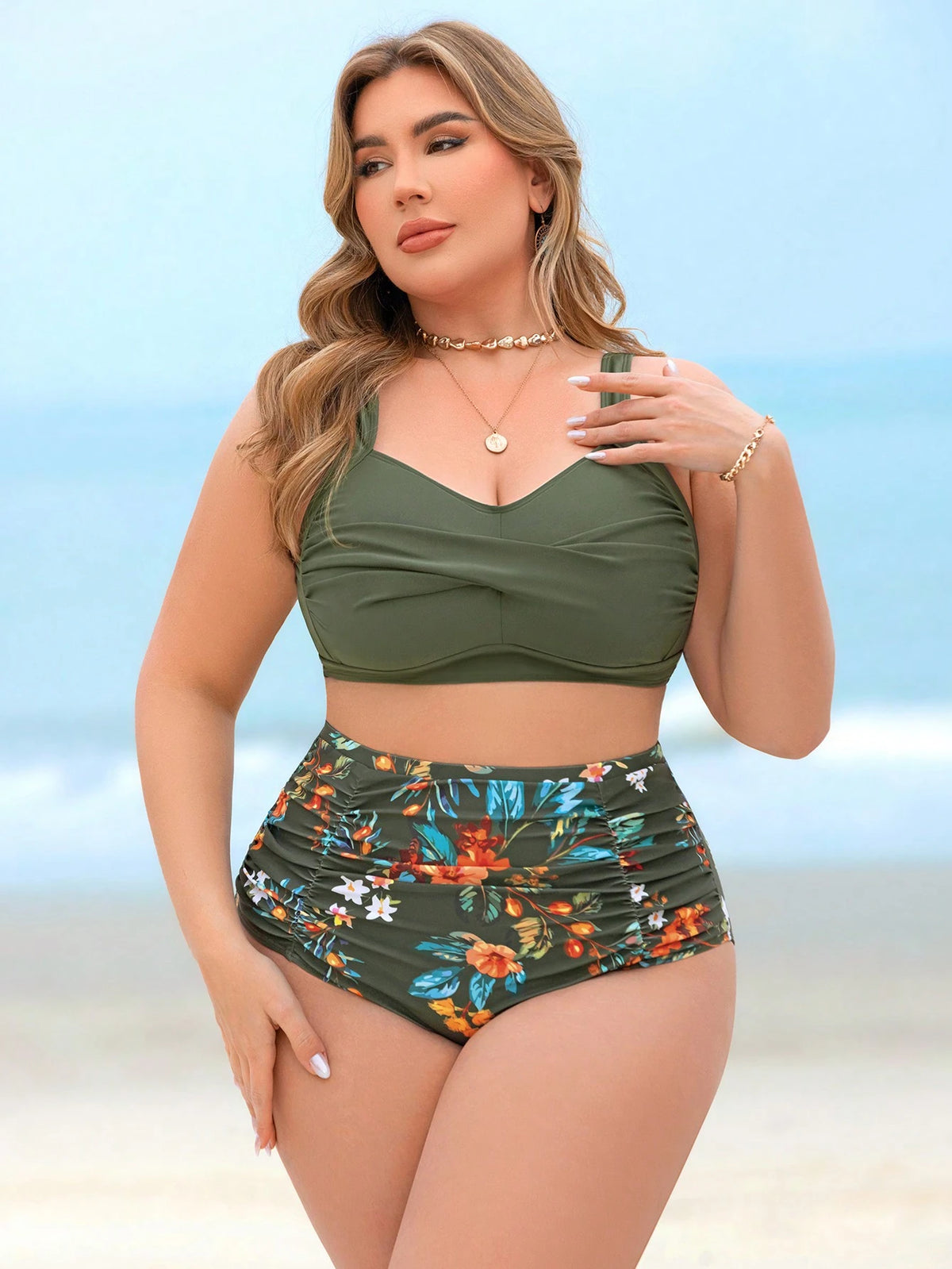 Swim Lushoire Plus Size Women 2pcs High Waist Random Print Modest Fitted Gathering Swimwear Set For Summer Beach Vacation