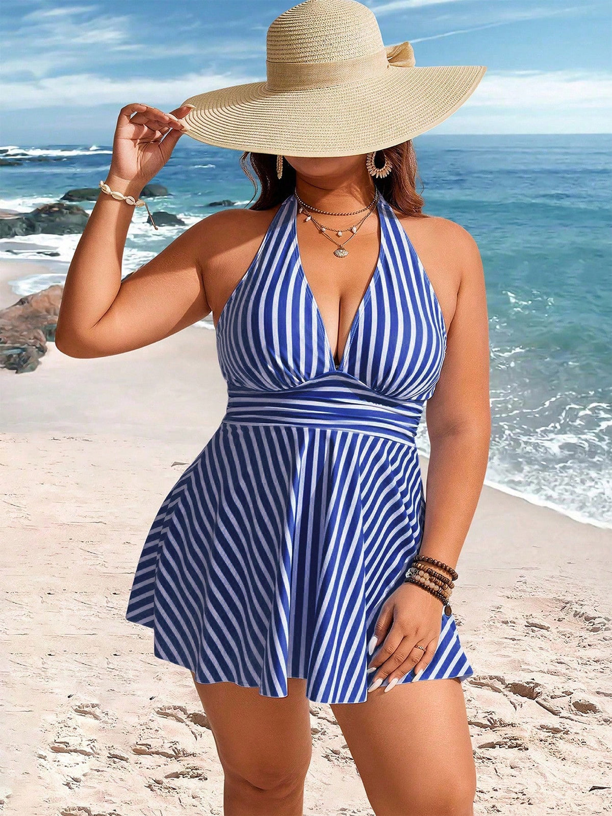 Swim Lushoire Plus Size Women 2pcs Striped Print Waist Pleated Halter Tankini Swimwear, Mature Minimalist Casual Resort Swimwear
