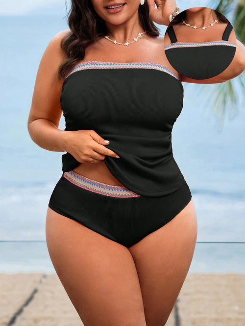 Swim Lushoire Plus Size Women Pink Sling Bandeau Splicing Contrast Color Slimming High-End Beach Resort Swimwear For Summer Beach Vacation