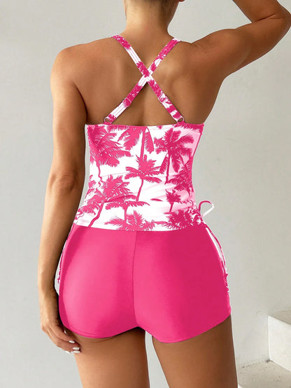Swim Lushoire Summer Beach Women Vacation Style Coconut Tree Printed Tankini Top And Swim Shorts Set