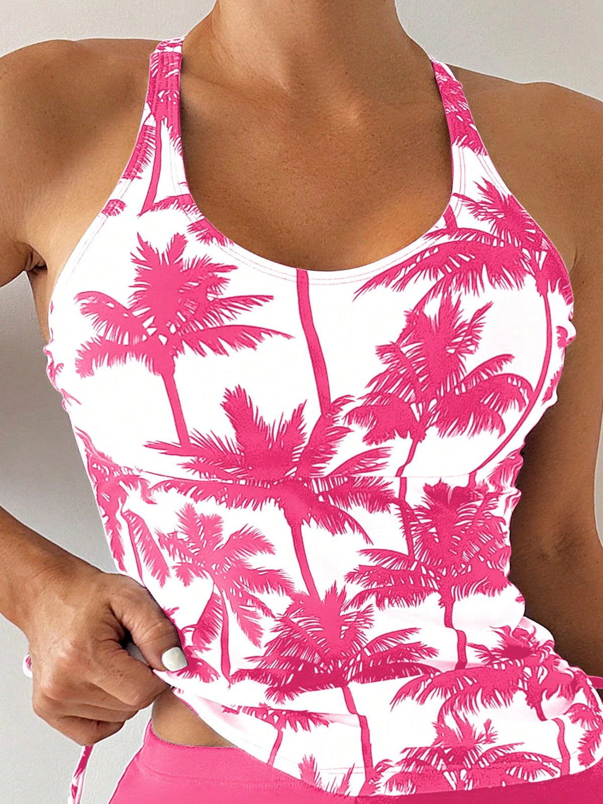 Swim Lushoire Summer Beach Women Vacation Style Coconut Tree Printed Tankini Top And Swim Shorts Set