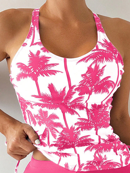 Swim Lushoire Summer Beach Women Vacation Style Coconut Tree Printed Tankini Top And Swim Shorts Set