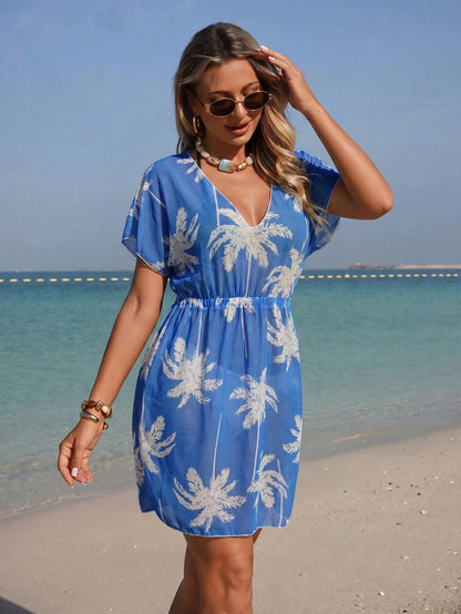 Swim Lushoire Vacation Beach Coconut Tree Print Side Slit Cover-Up Dress