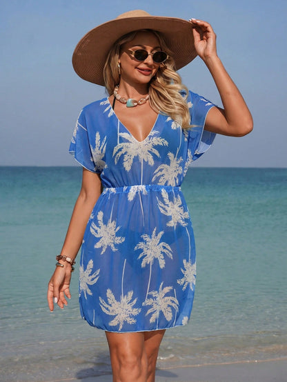 Swim Lushoire Vacation Beach Coconut Tree Print Side Slit Cover-Up Dress