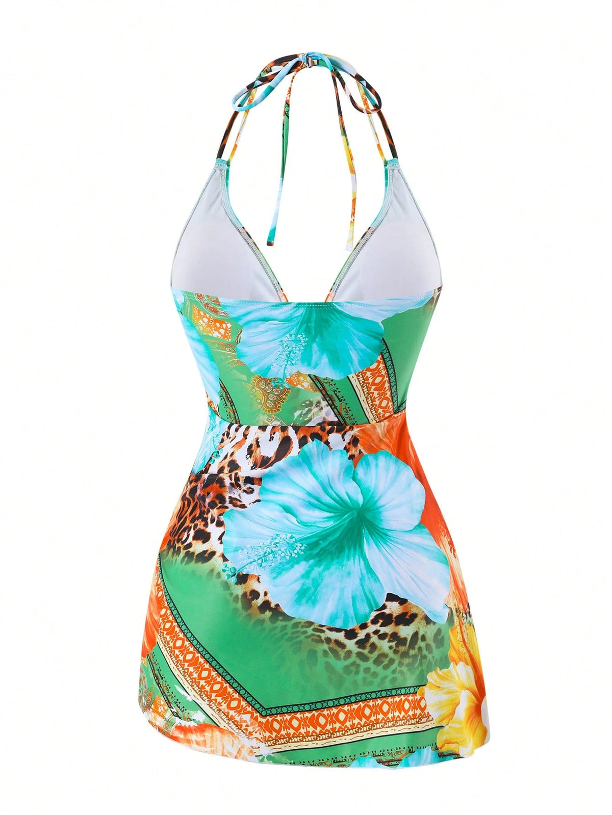 Swim Lushoire Vacation Essential Tropical Print Halter Neck Swim Dress, Wrap Waist Asymmetrical Skirted One Piece Swimsuit, Modest Beach Vacationwear Green Summer