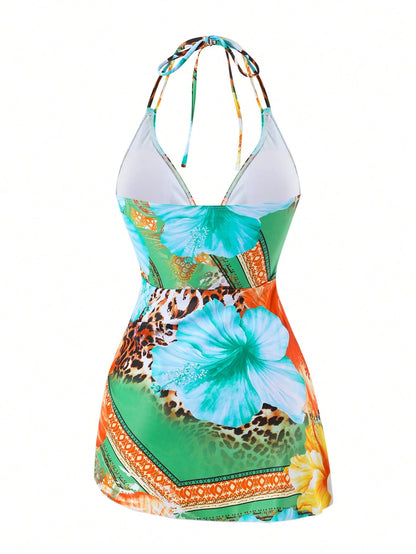 Swim Lushoire Vacation Essential Tropical Print Halter Neck Swim Dress, Wrap Waist Asymmetrical Skirted One Piece Swimsuit, Modest Beach Vacationwear Green Summer