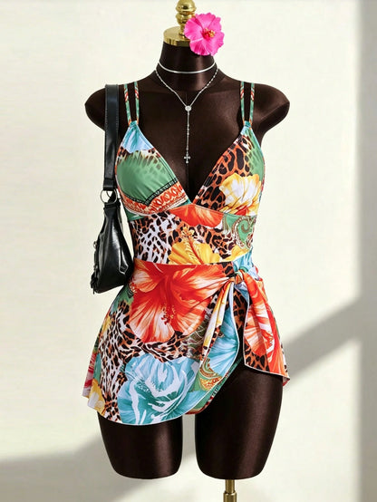 Swim Lushoire Vacation Essential Tropical Print Halter Neck Swim Dress, Wrap Waist Asymmetrical Skirted One Piece Swimsuit, Modest Beach Vacationwear Green Summer