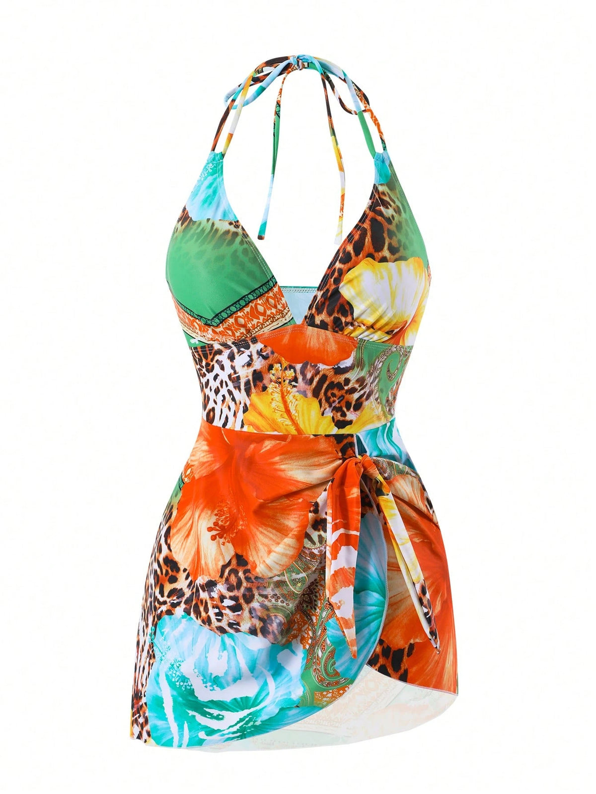 Swim Lushoire Vacation Essential Tropical Print Halter Neck Swim Dress, Wrap Waist Asymmetrical Skirted One Piece Swimsuit, Modest Beach Vacationwear Green Summer