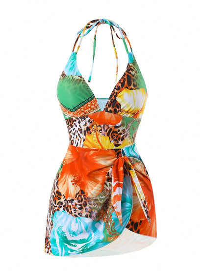 Swim Lushoire Vacation Essential Tropical Print Halter Neck Swim Dress, Wrap Waist Asymmetrical Skirted One Piece Swimsuit, Modest Beach Vacationwear Green Summer