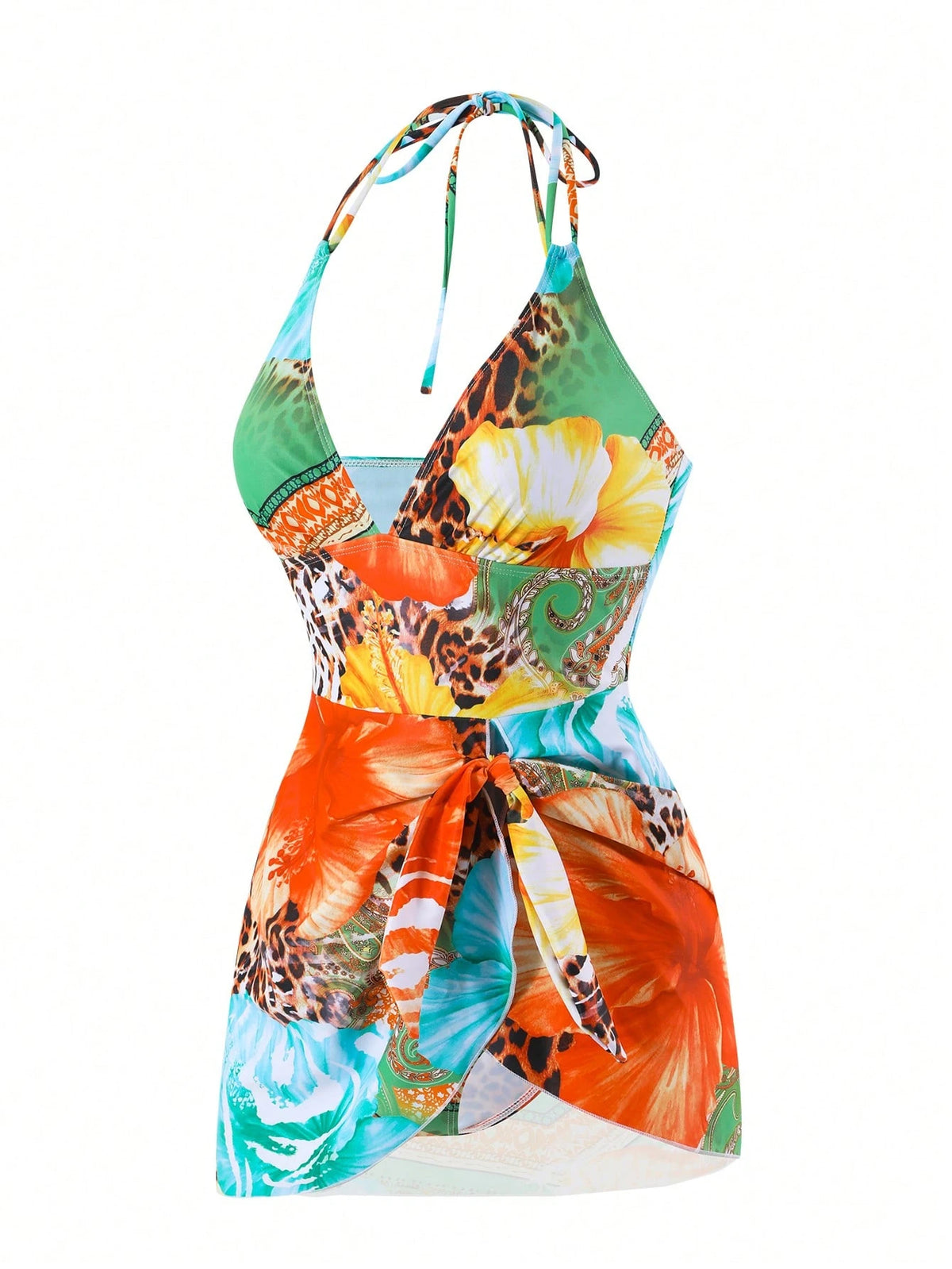 Swim Lushoire Vacation Essential Tropical Print Halter Neck Swim Dress, Wrap Waist Asymmetrical Skirted One Piece Swimsuit, Modest Beach Vacationwear Green Summer