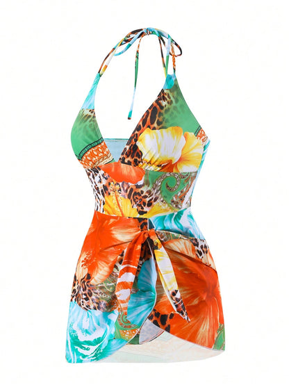 Swim Lushoire Vacation Essential Tropical Print Halter Neck Swim Dress, Wrap Waist Asymmetrical Skirted One Piece Swimsuit, Modest Beach Vacationwear Green Summer