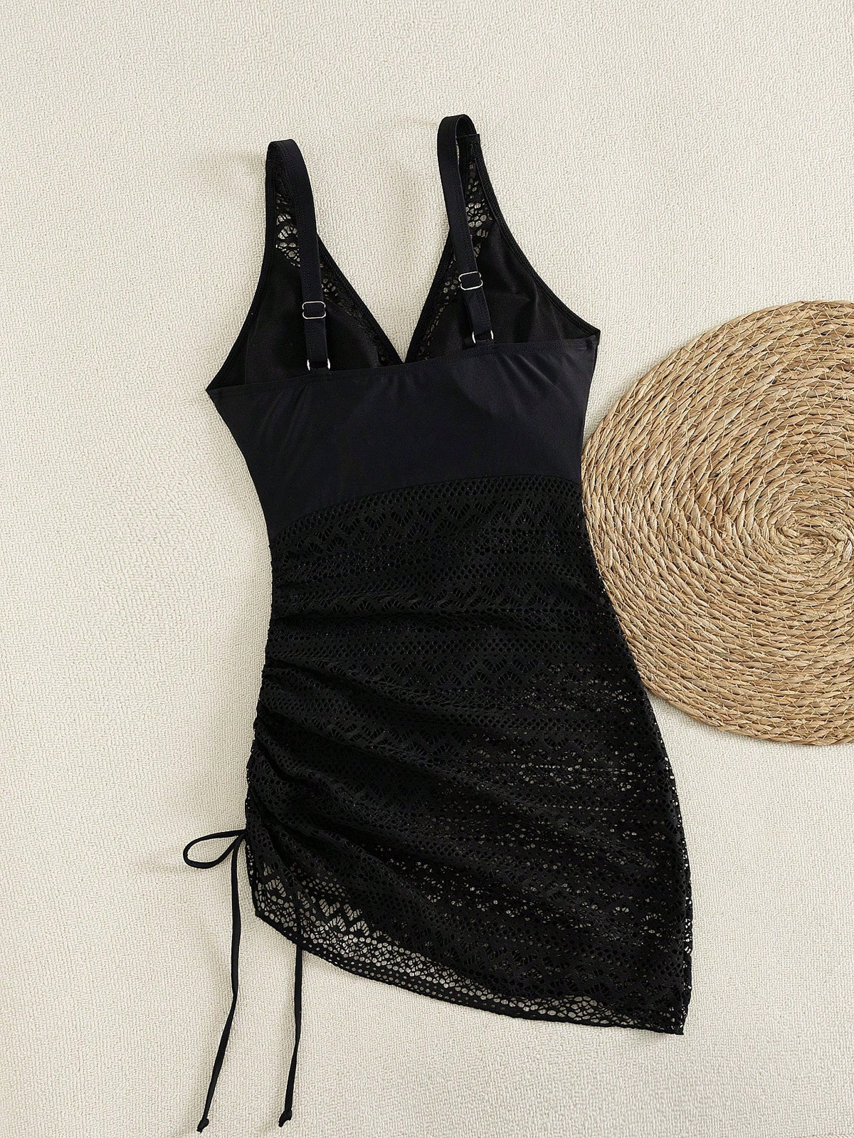 Swim Lushoire Women Mature Black Lace Hollow V-Neck Drawstring Swimdress, Slimming, Elegant, Charming, High-End Beach Resort Fashion Swimwear