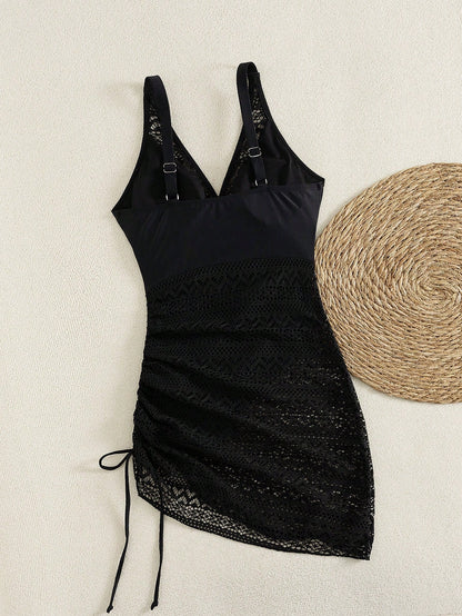 Swim Lushoire Women Mature Black Lace Hollow V-Neck Drawstring Swimdress, Slimming, Elegant, Charming, High-End Beach Resort Fashion Swimwear