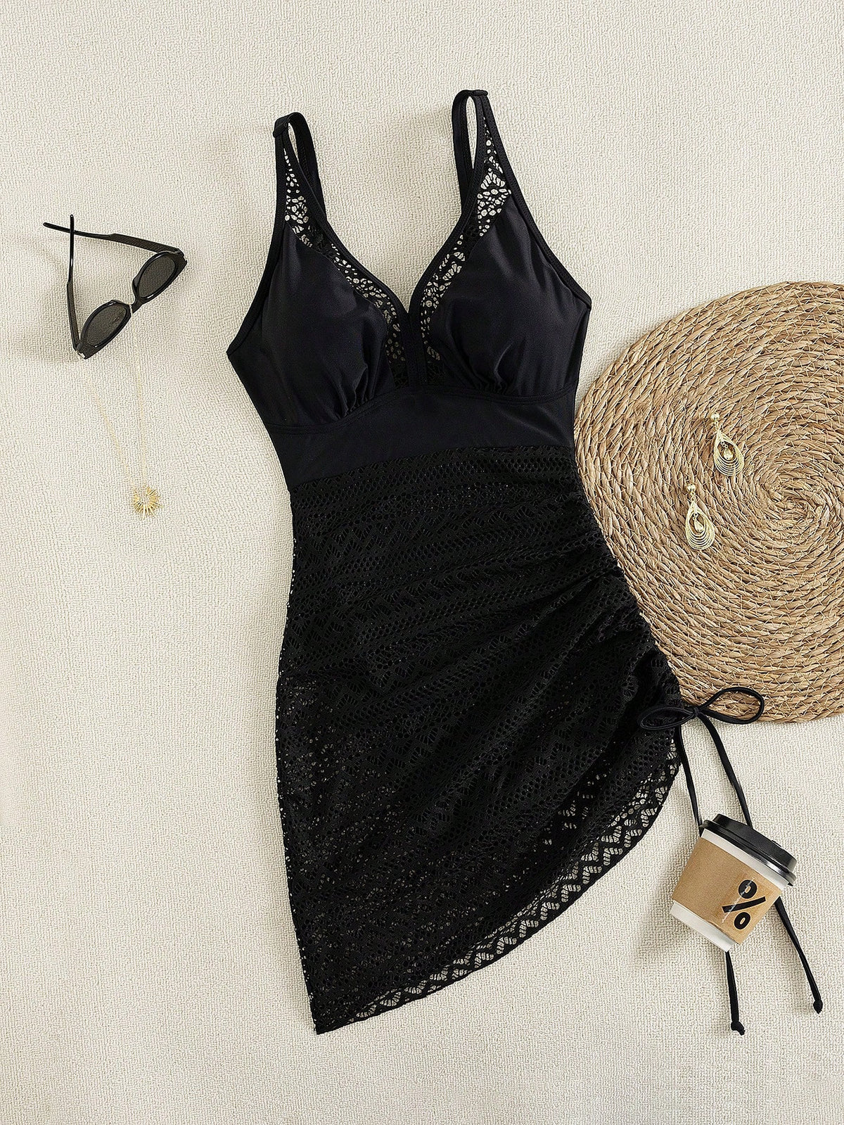 Swim Lushoire Women Mature Black Lace Hollow V-Neck Drawstring Swimdress, Slimming, Elegant, Charming, High-End Beach Resort Fashion Swimwear