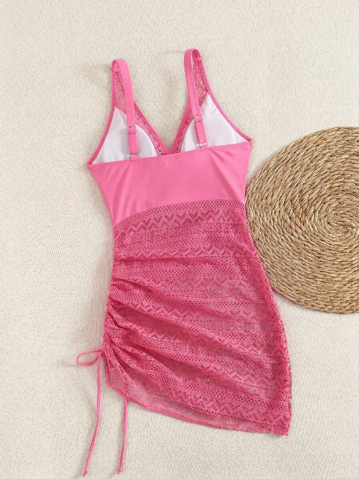 Swim Lushoire Women Mature Black Lace Hollow V-Neck Drawstring Swimdress, Slimming, Elegant, Charming, High-End Beach Resort Fashion Swimwear