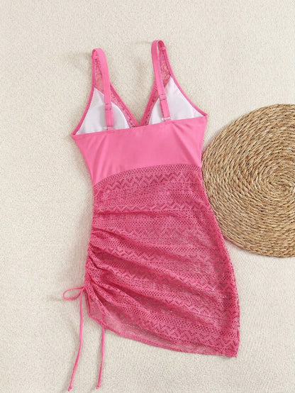 Swim Lushoire Women Mature Black Lace Hollow V-Neck Drawstring Swimdress, Slimming, Elegant, Charming, High-End Beach Resort Fashion Swimwear