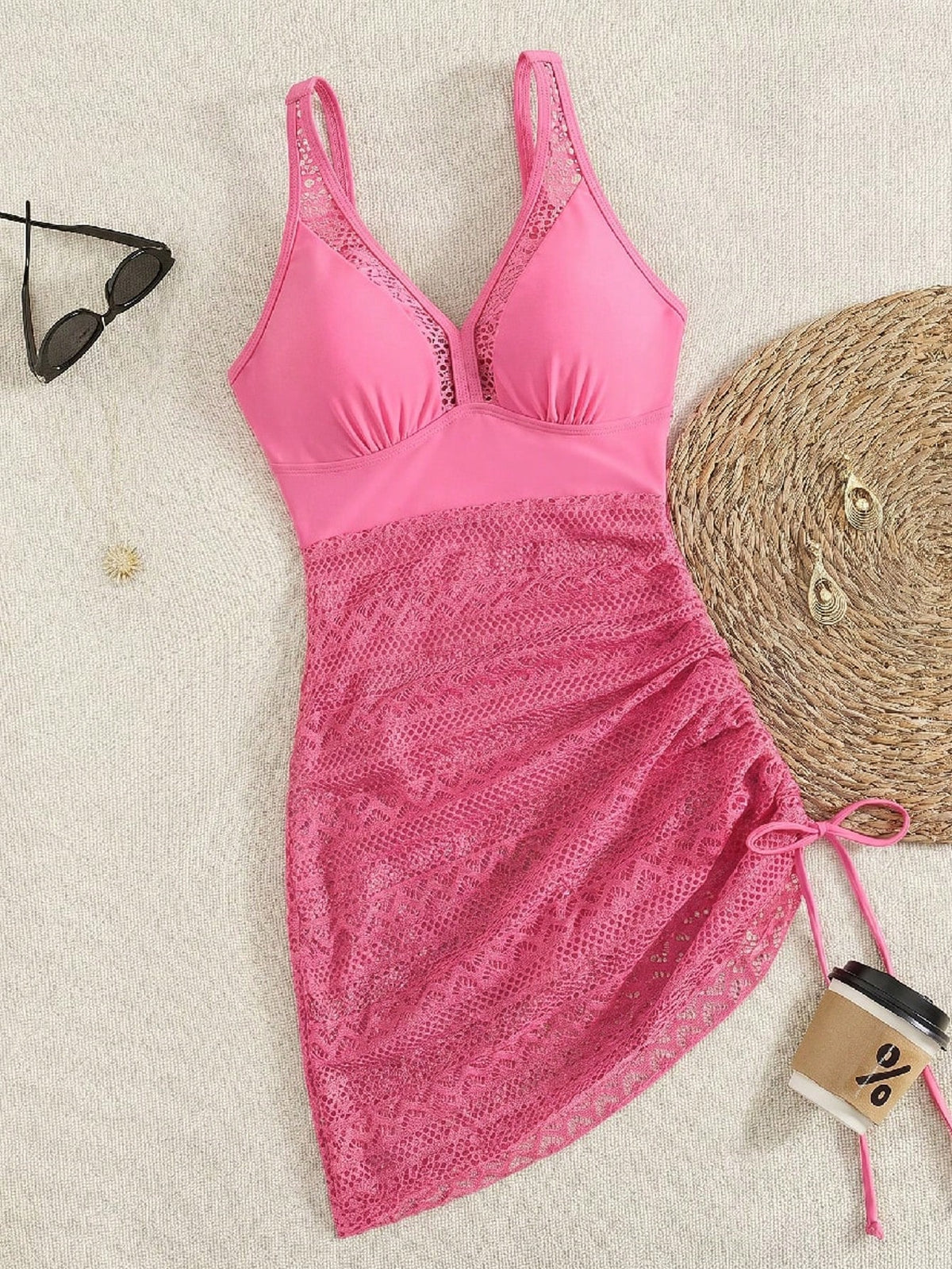Swim Lushoire Women Mature Black Lace Hollow V-Neck Drawstring Swimdress, Slimming, Elegant, Charming, High-End Beach Resort Fashion Swimwear