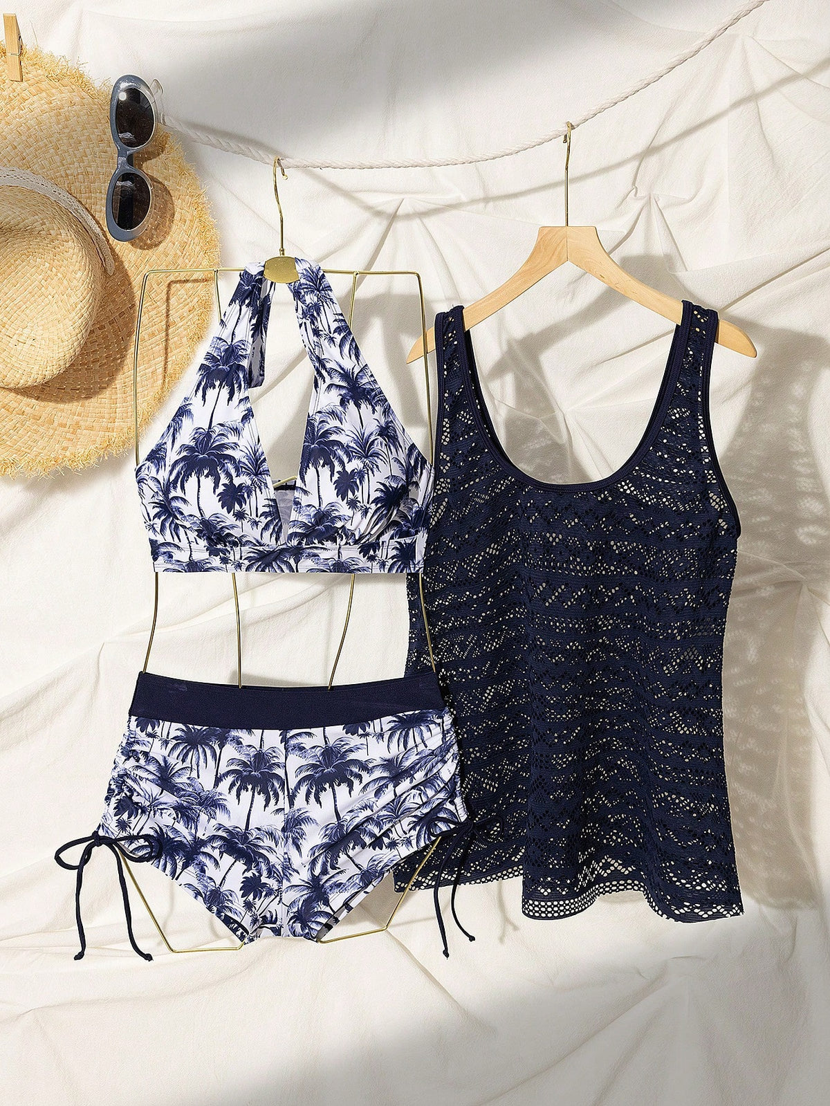 Swim Lushoire Women's 3Pcs Navy Blue Beach Outfit Set,Coconut Tree Print Shorts,Hollow Out Knit Kimono & Cami Tank Top,Casual Summer Holiday Vacation Holiday Style